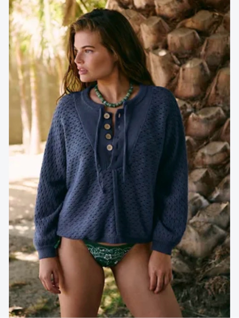 Free People Navy Eyelet Henley Crop Sweater
